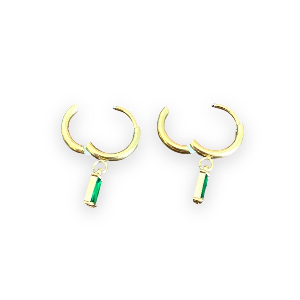 14K Gold and Emerald Hoop Drop Earrings - Picture 2 of 2